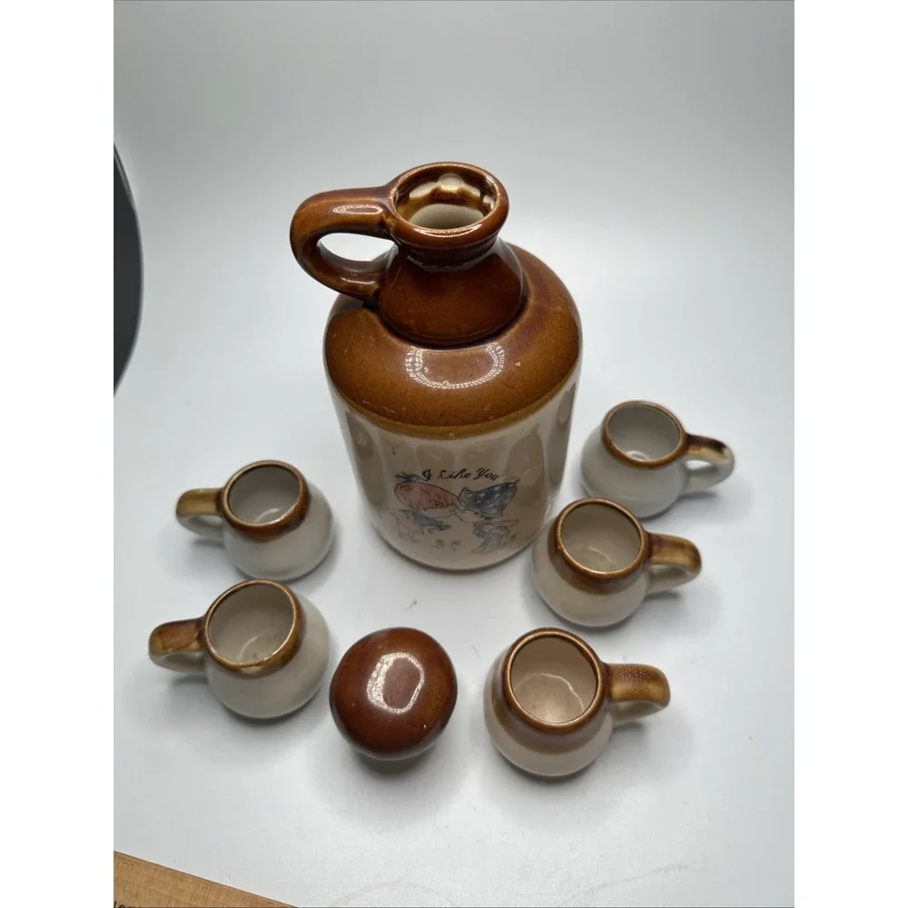 Vintage Brown/Tan, Glazed Ceramic Moonshine Jug with 5 